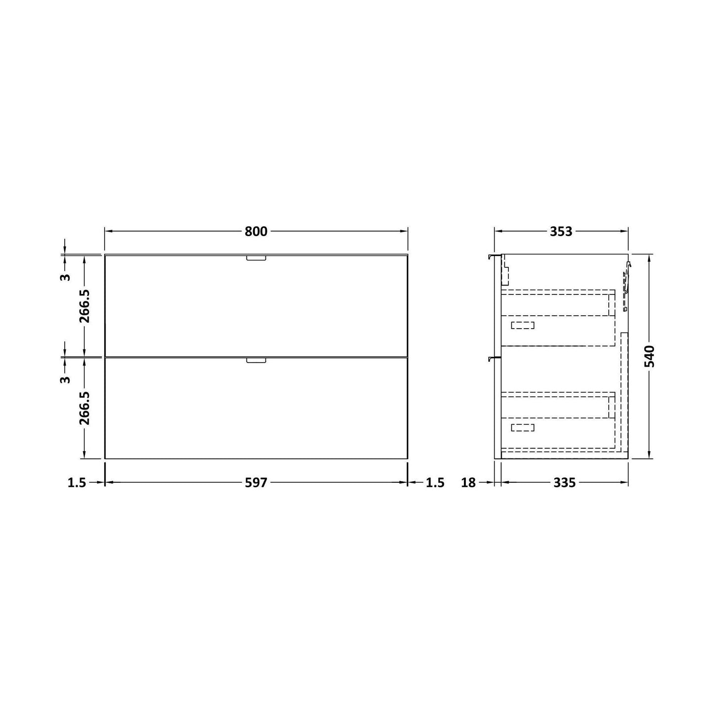 [BFDY939] 800 2-DRAWER WALL HUNG UNIT - Technical Drawing