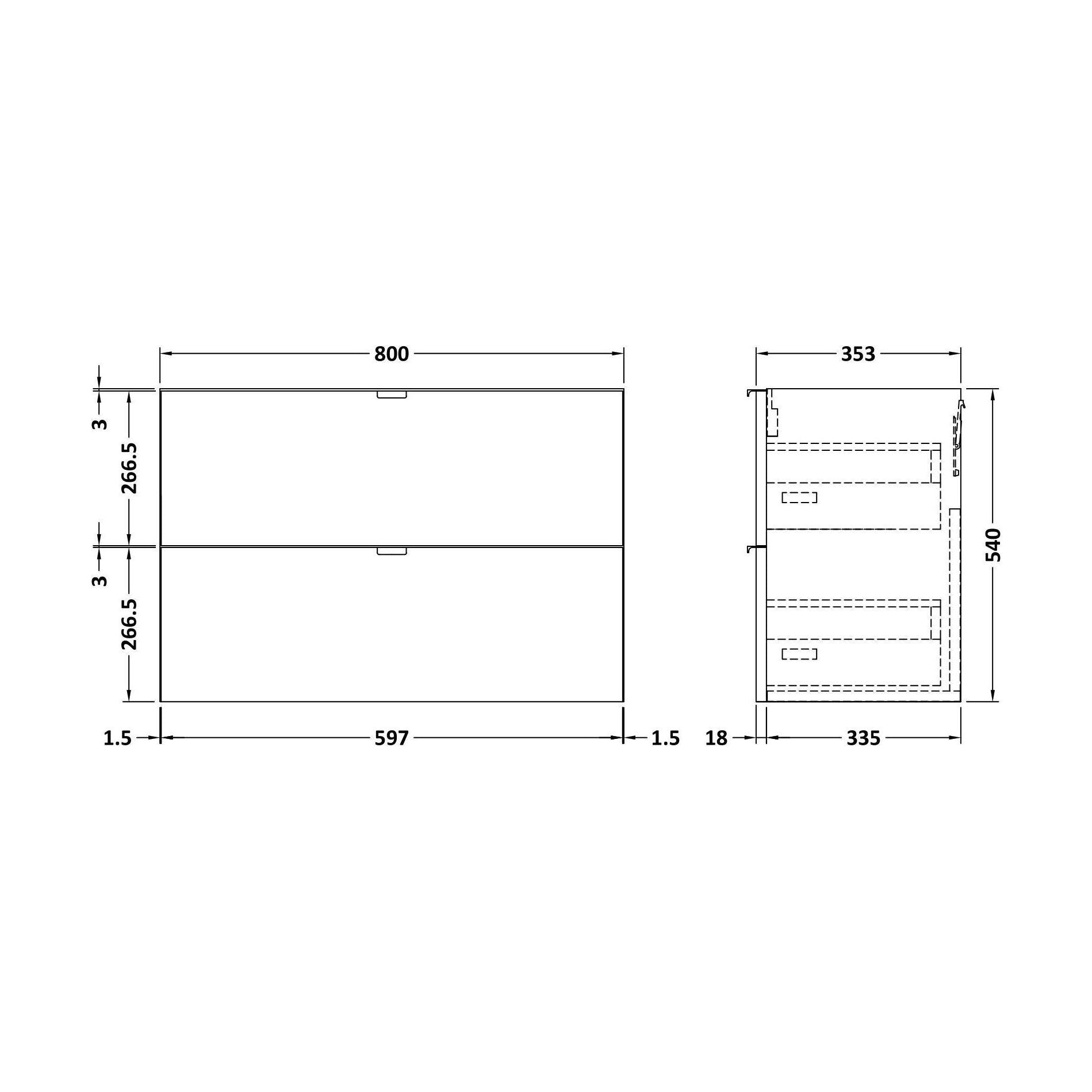 [BFDY939] 800 2-DRAWER WALL HUNG UNIT - Technical Drawing