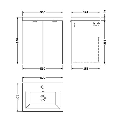 [BFDY940A] Alrewas Contemporary 2 Door Wall Hung Vanity Unit with Basin, Gloss Grey, 500mm - Technical Drawing