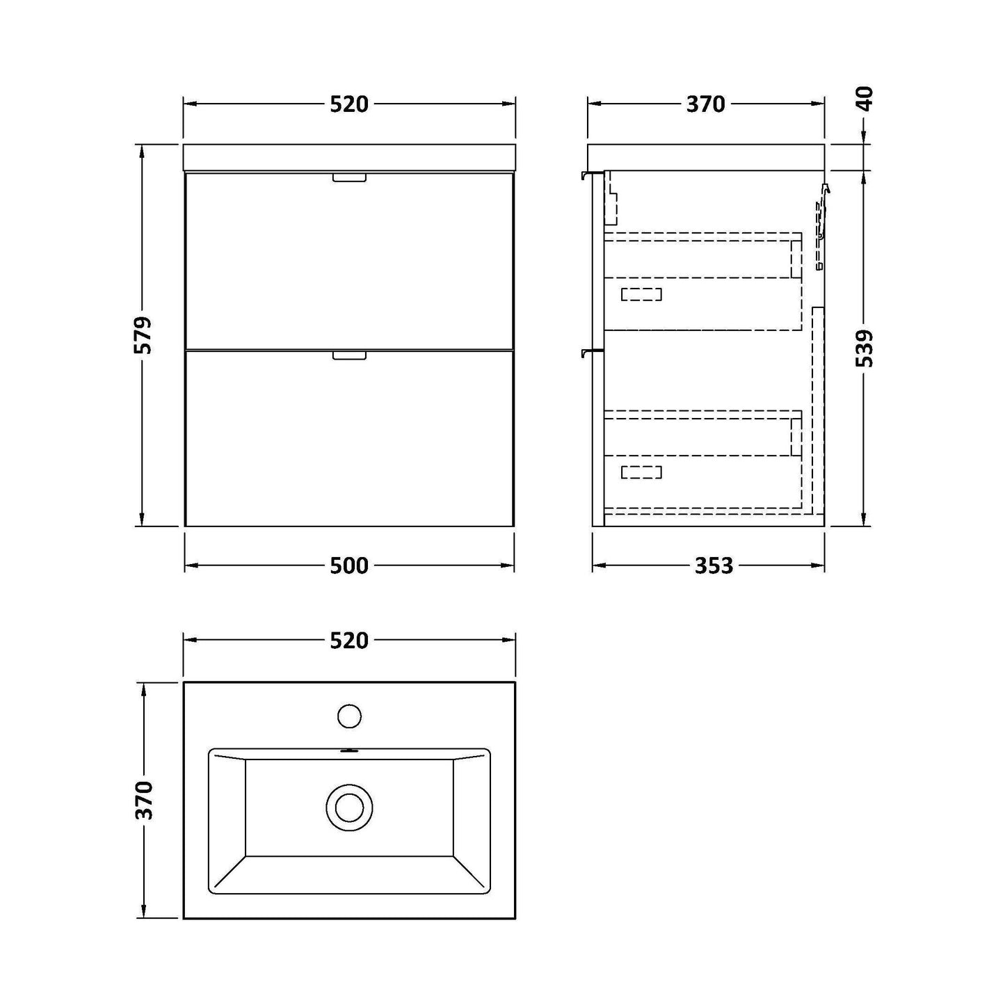 [BFDY941A] Alrewas Contemporary 2 Drawer Wall Hung Vanity Unit with Basin, Gloss Grey, 500mm - Technical Drawing