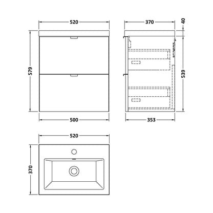 [BFDY941A] Alrewas Contemporary 2 Drawer Wall Hung Vanity Unit with Basin, Gloss Grey, 500mm - Technical Drawing