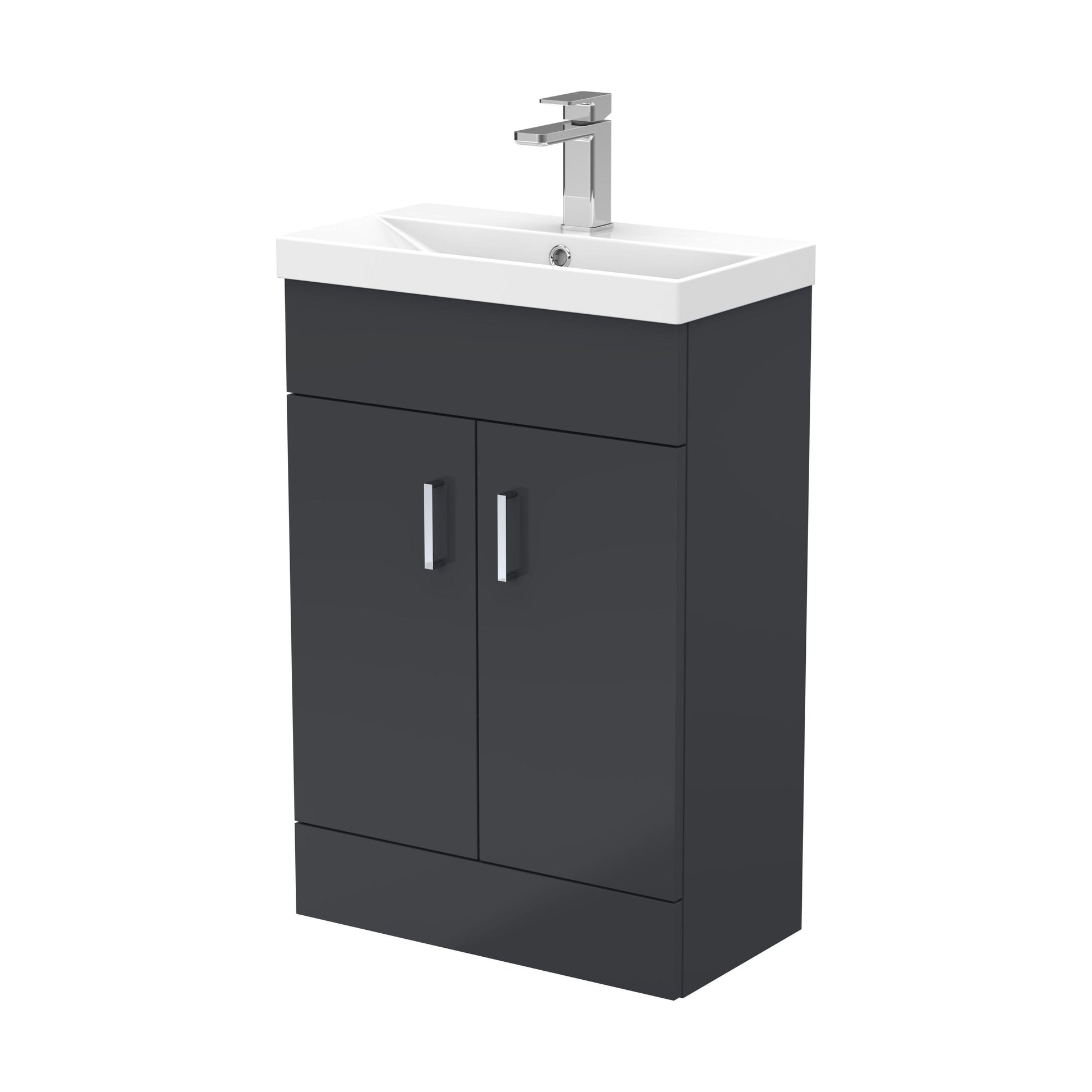 [BFE1455] Satin Dark Grey Compact Floor Standing Bathroom Vanity Basin Unit with Ceramic Basin & 2 Soft-Close Doors - 550mm - Cutout