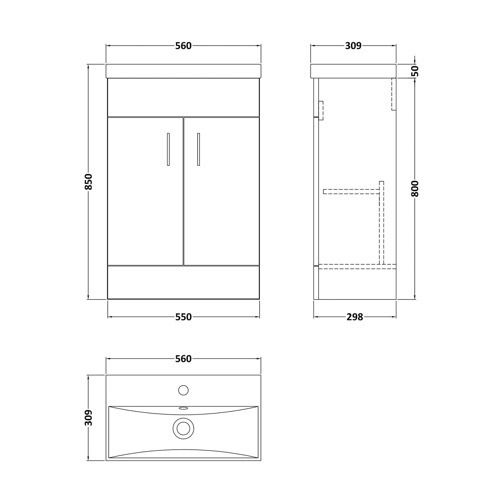 [BFE155] Satin Dark Grey Compact Floor Standing Bathroom Vanity Basin Unit with Ceramic Basin & 2 Soft-Close Doors - 550mm - Technical Drawing