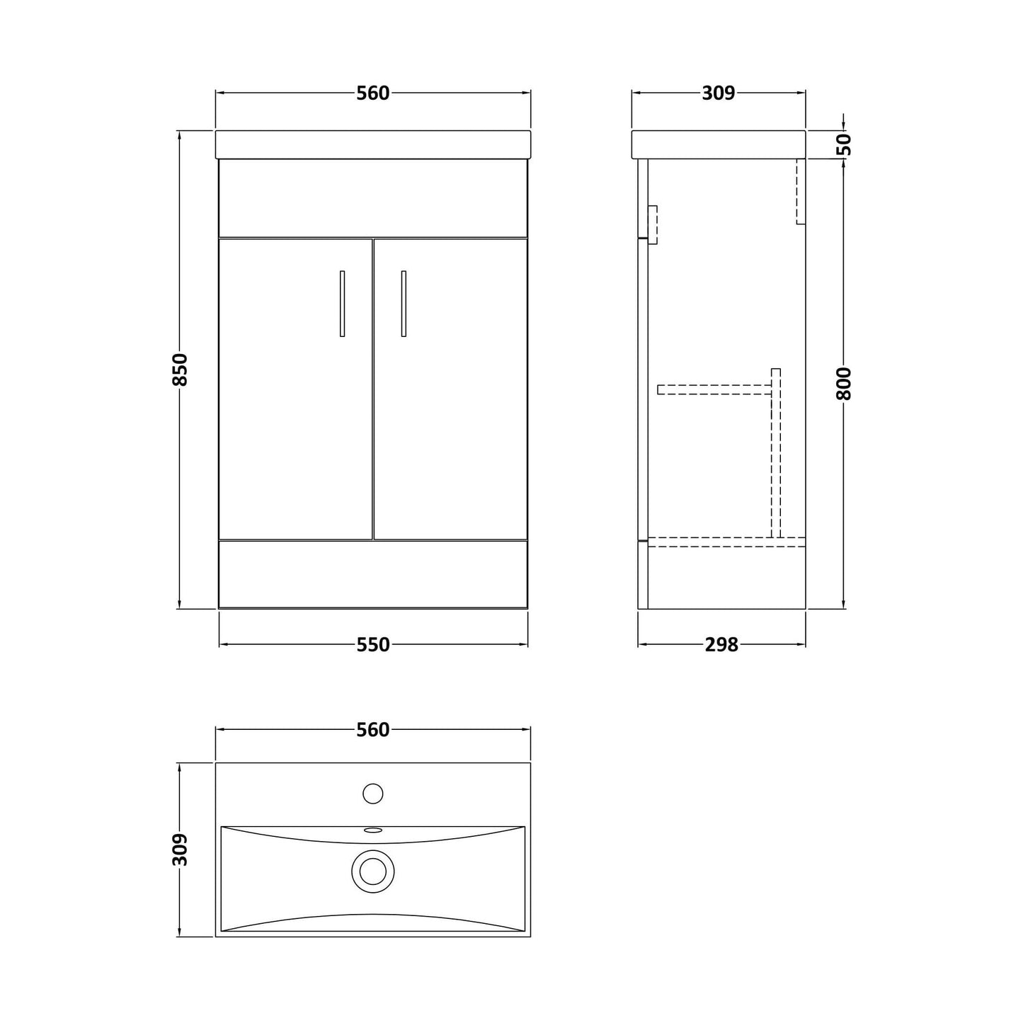 [BFE255] Satin Dark Grey Compact Floor Standing Bathroom Vanity Basin Unit with Ceramic Basin & 2 Soft-Close Doors - 550mm - Technical Drawing