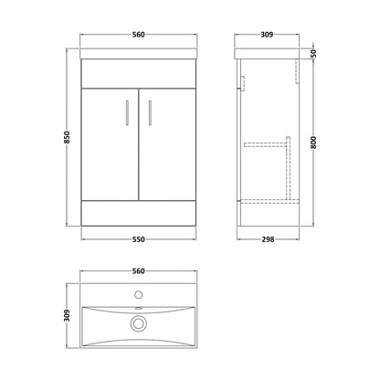[BFE255] Satin Dark Grey Compact Floor Standing Bathroom Vanity Basin Unit with Ceramic Basin & 2 Soft-Close Doors - 550mm - Technical Drawing