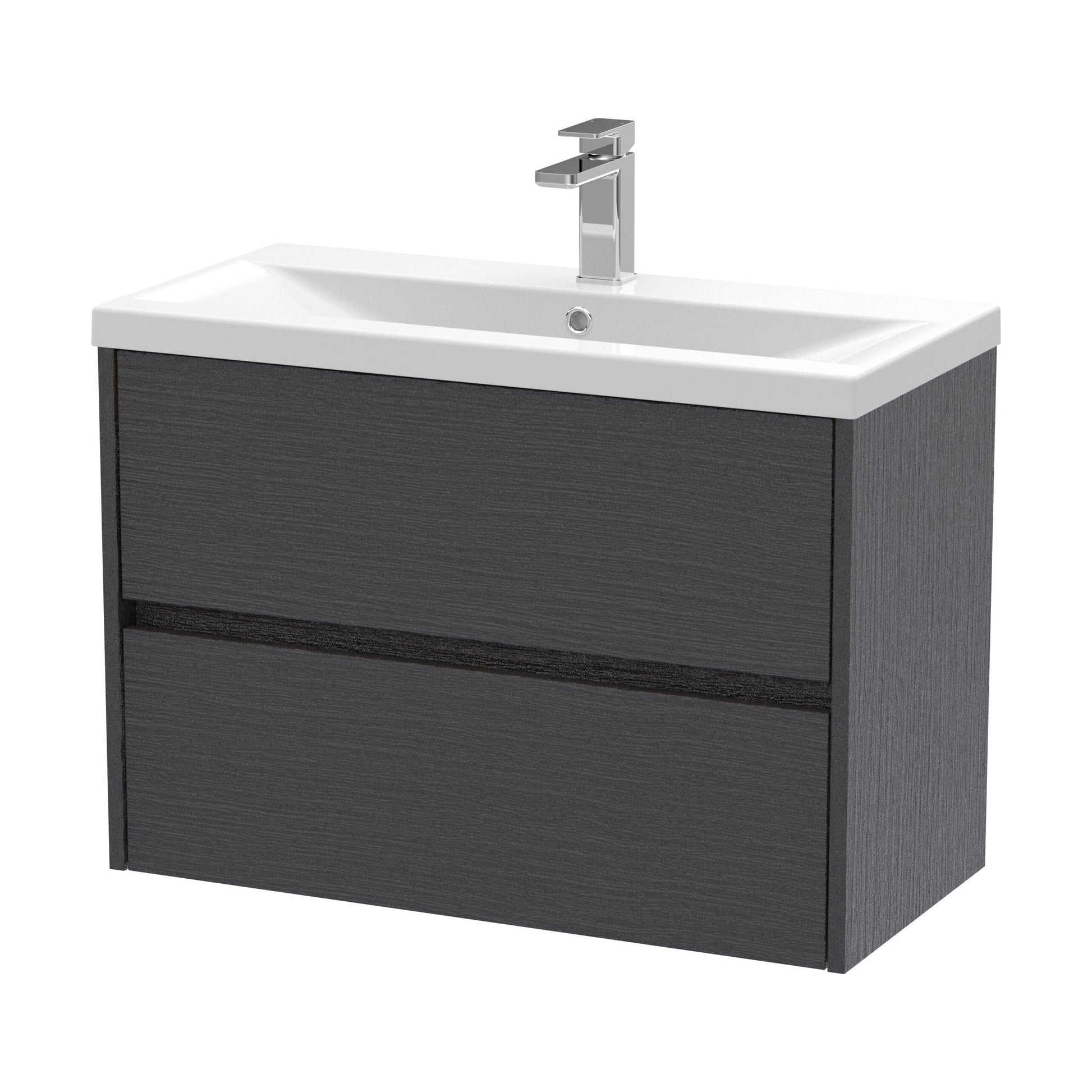 [BFED2206A] Square Wall Hung 2 Drawer Vanity Unit & Ceramic Basin, 800mm - Woodgrain Graphite Grey - Cutout