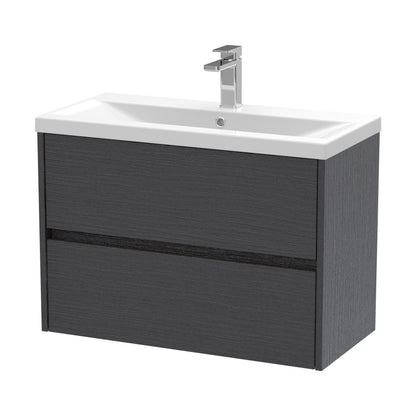 [BFED2206A] Square Wall Hung 2 Drawer Vanity Unit & Ceramic Basin, 800mm - Woodgrain Graphite Grey - Cutout