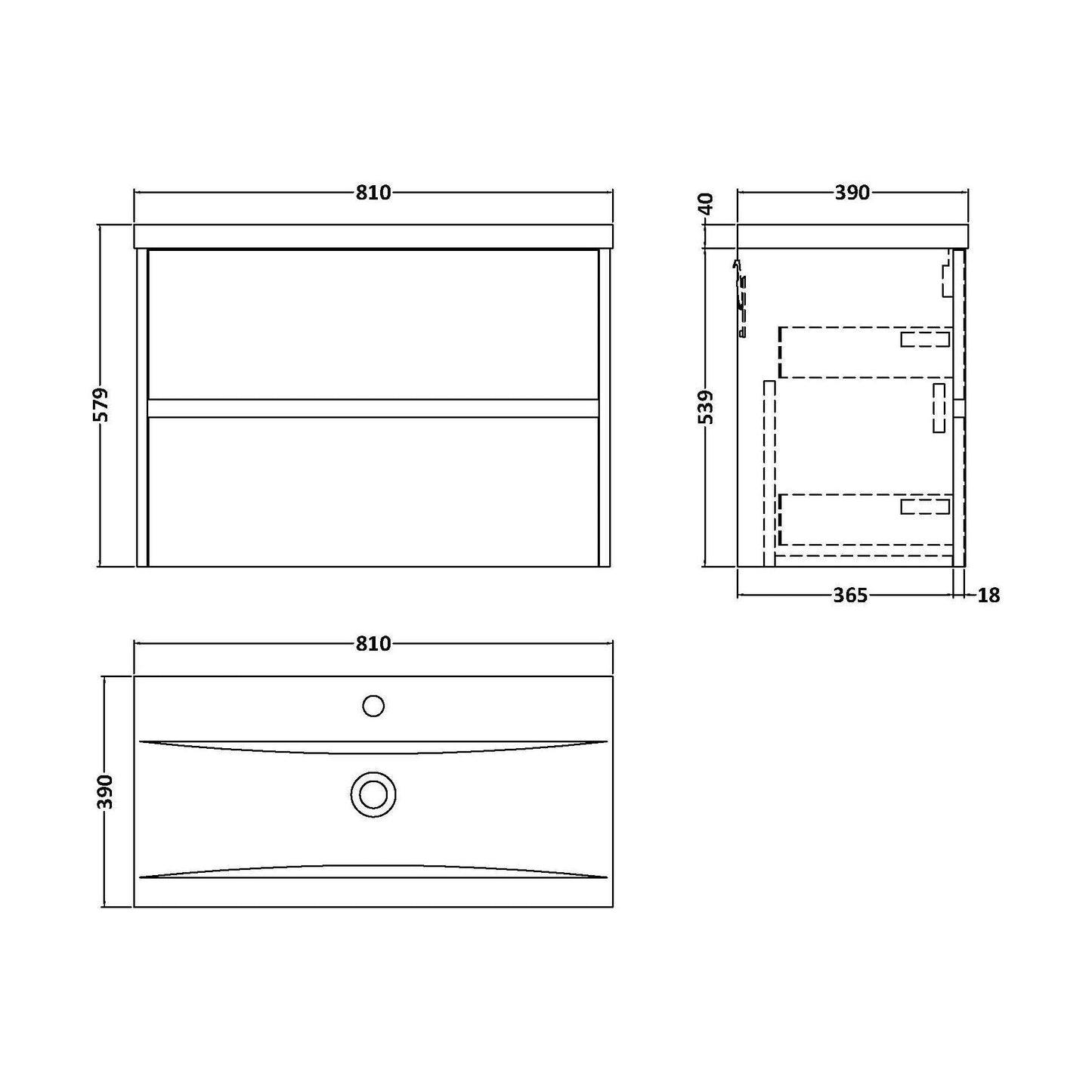 [BFED2206A] Square Wall Hung 2 Drawer Vanity Unit & Ceramic Basin, 800mm - Woodgrain Graphite Grey - Technical Drawing