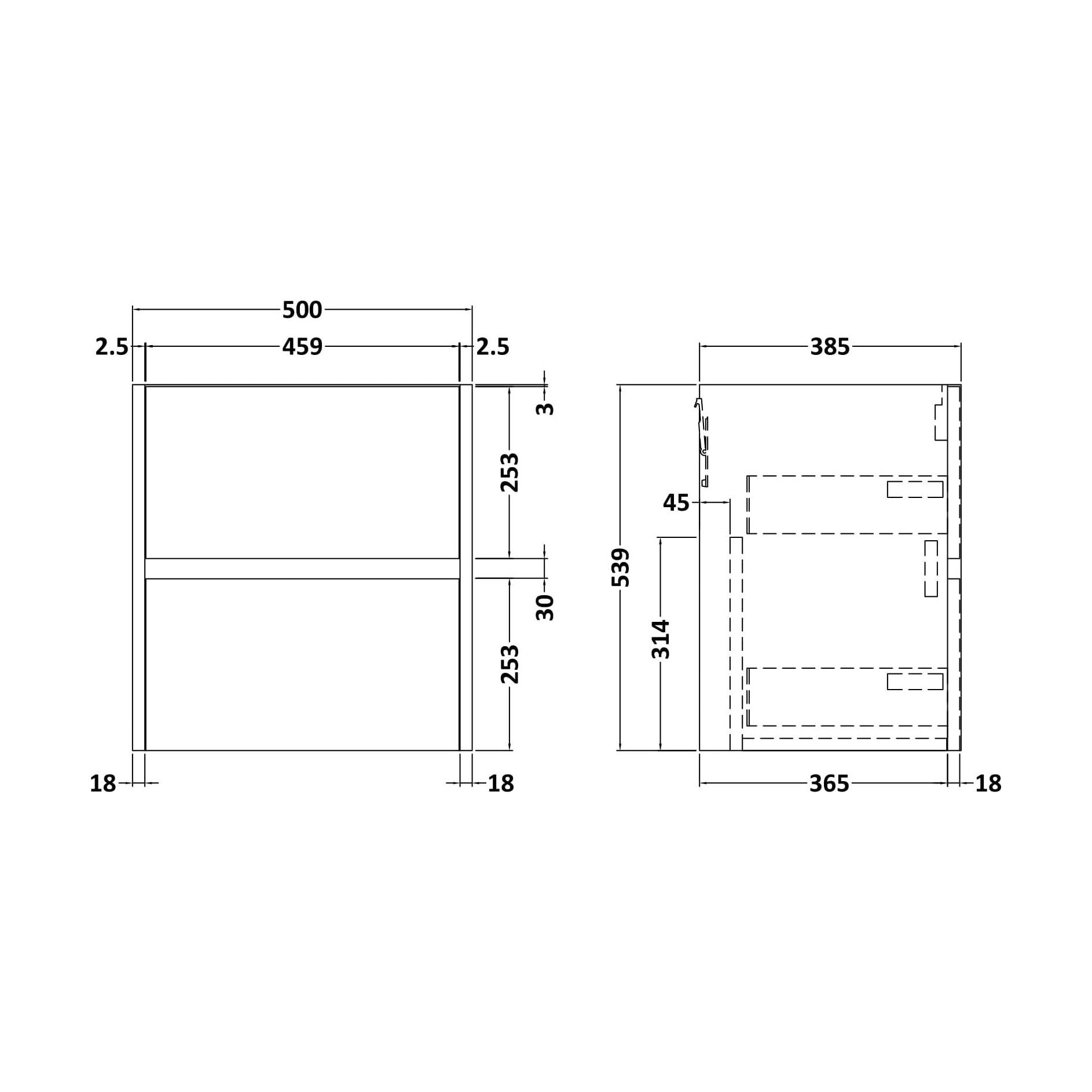 [BFED2222] Chartley Wall Hung Vanity Unit - 500mm, Graphite Grey Woodgrain - Technical Drawing