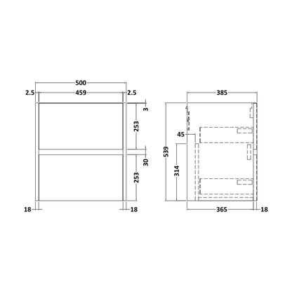 [BFED2222] Chartley Wall Hung Vanity Unit - 500mm, Graphite Grey Woodgrain - Technical Drawing