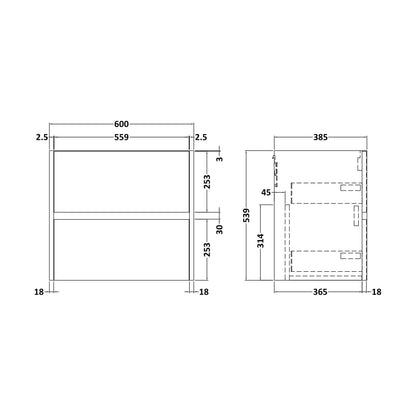 [BFED2224] Chartley Wall Hung Vanity Unit - 600mm, Graphite Grey Woodgrain - Technical Drawing