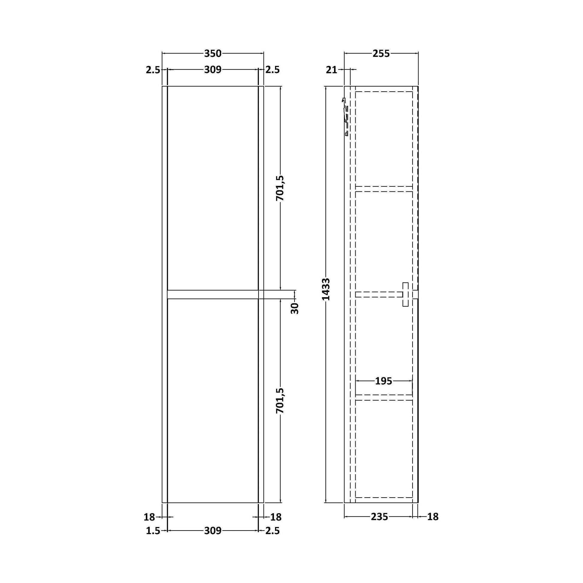 [BFED2362] Square Wall Hung 2 Door Tall Bathroom Unit, 350mm - Matt Coastal Grey - Technical Drawing