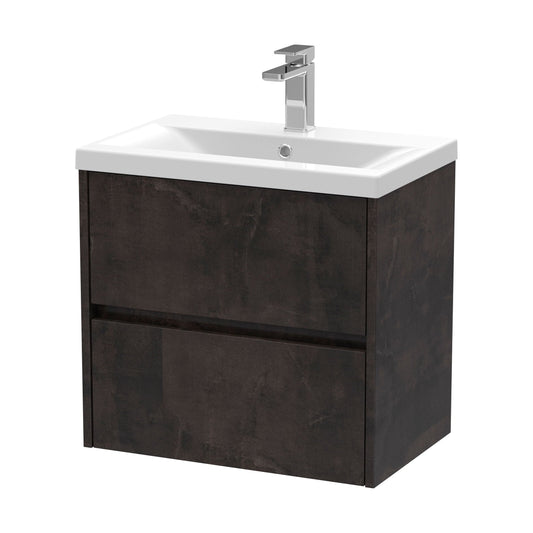 [BFED2604A] Square Wall Hung 2 Drawer Vanity Unit & Ceramic Basin, 600mm - Textured Matt Metallic Slate - Cutout