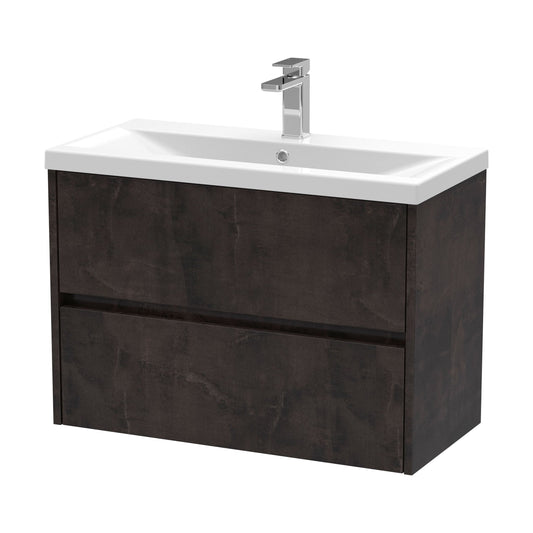 [BFED2606A] Square Wall Hung 2 Drawer Vanity Unit & Ceramic Basin, 800mm - Textured Matt Metallic Slate - Cutout