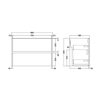 [BFED2626] Chartley Wall Hung Vanity Unit - 800mm, Metallic Slate - Technical Drawing