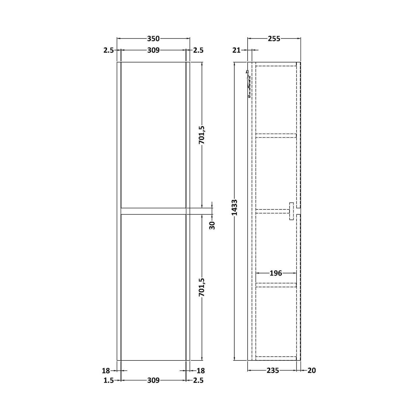 [BFED2662] Square Wall Hung 2 Door Tall Bathroom Unit, 350mm - Textured Matt Metallic Slate - Technical Drawing