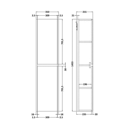 [BFED2662] Square Wall Hung 2 Door Tall Bathroom Unit, 350mm - Textured Matt Metallic Slate - Technical Drawing