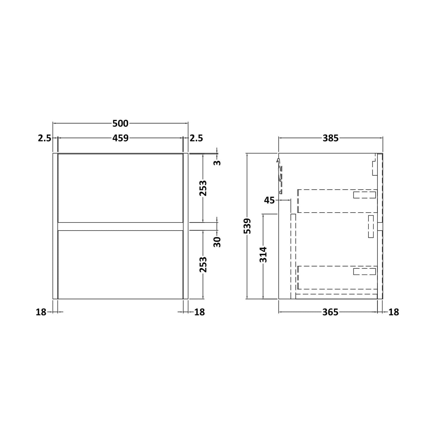 [BFED2922] Chartley Wall Hung Vanity Unit - 500mm, Midnight Blue - Technical Drawing