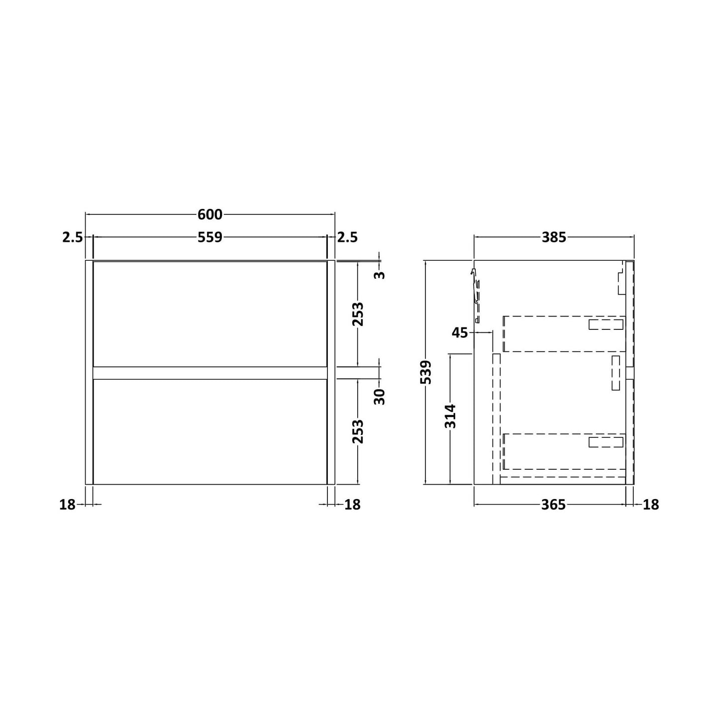 [BFED2924] Chartley Wall Hung Vanity Unit - 600mm, Midnight Blue - Technical Drawing