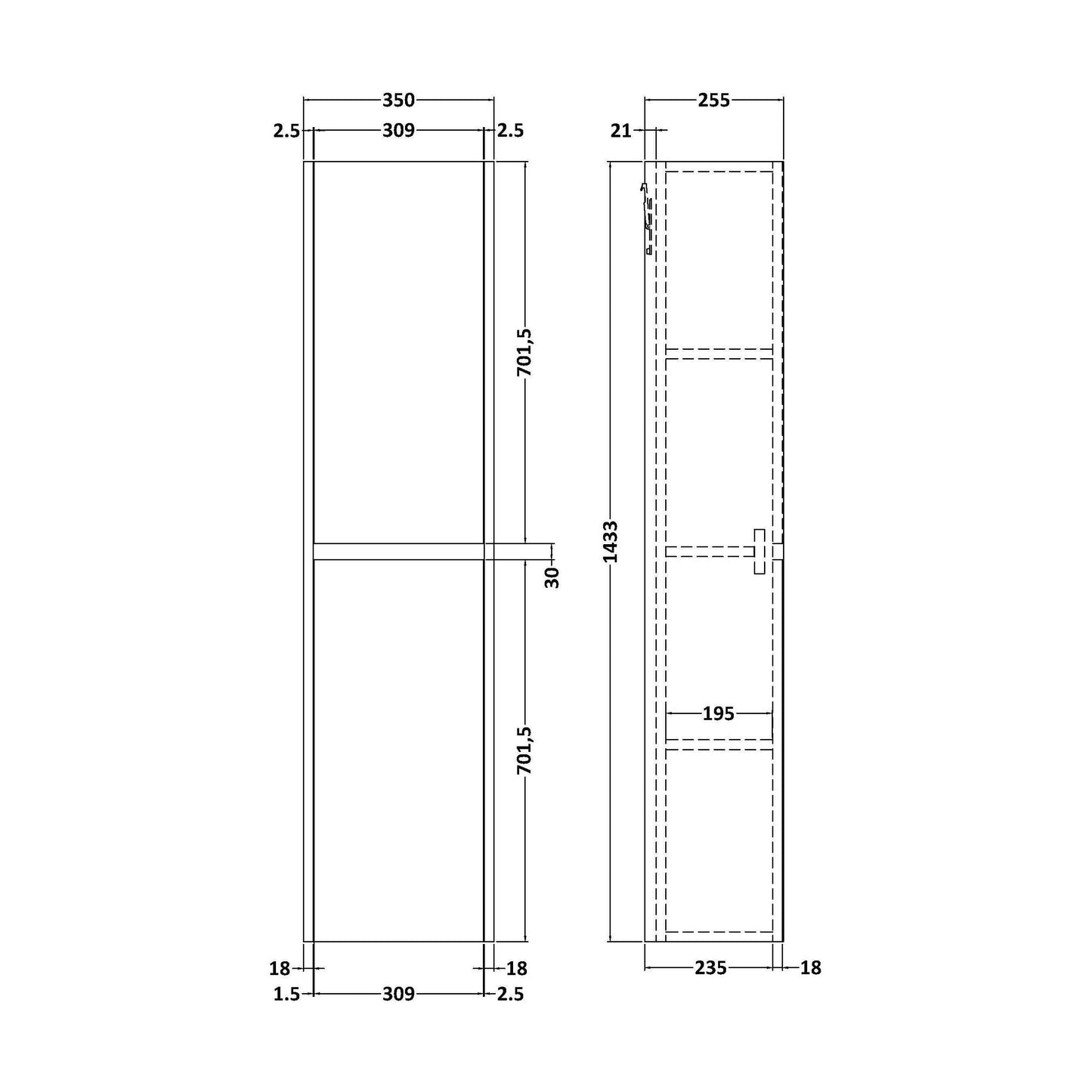 [BFED2962] Square Wall Hung 2 Door Tall Bathroom Unit, 350mm - Midnight Blue - Technical Drawing