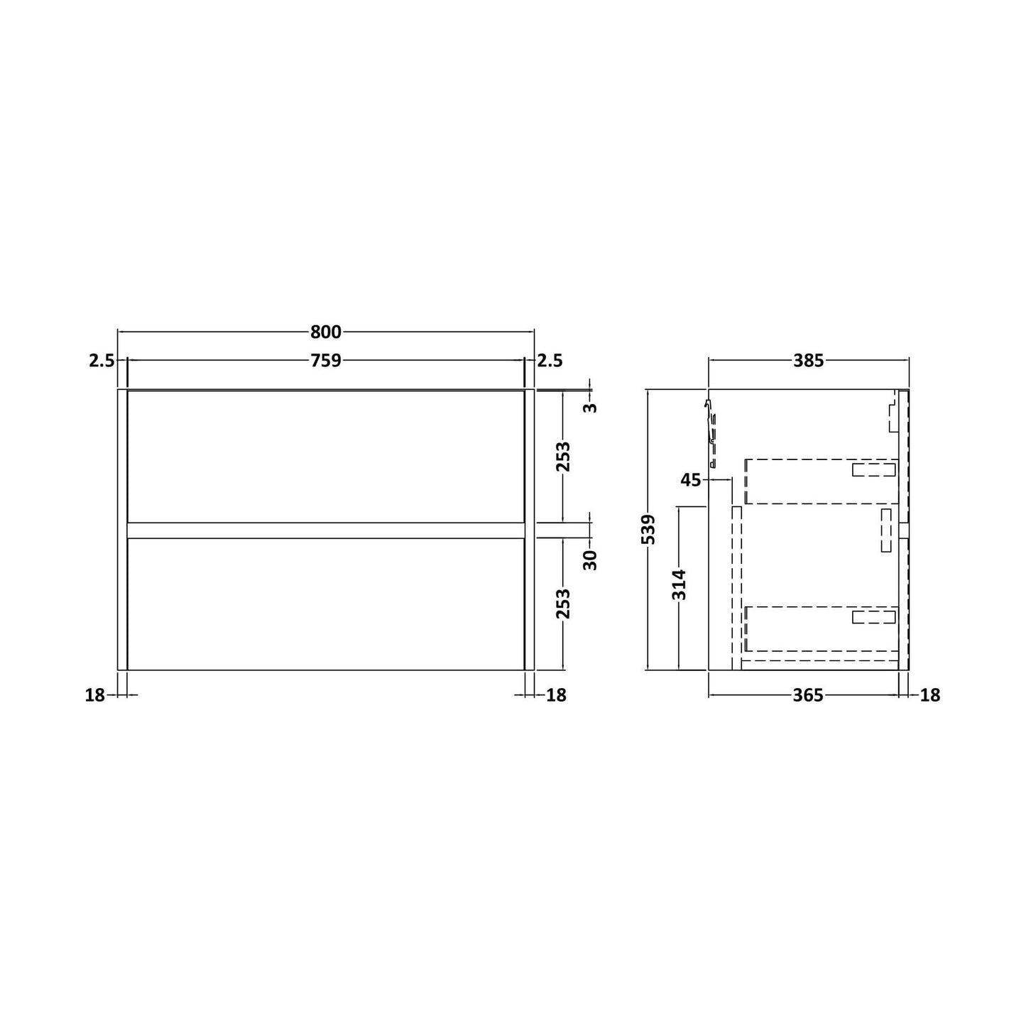 [BFED826] Chartley Wall Hung Vanity Unit - 800mm, Autumn Oak - Technical Drawing
