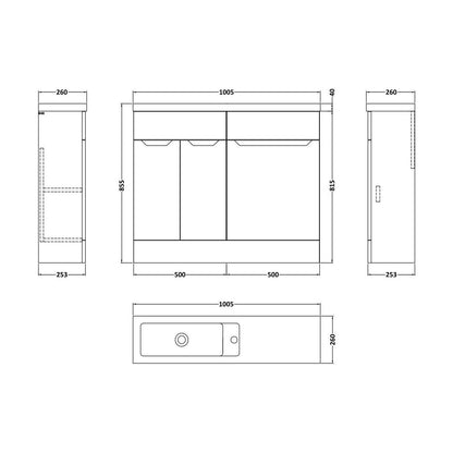 [BFFAR101] Teddesley Contemporary Floor Standing Compact 2 Door Combination Vanity Basin WC Unit with Polymarble Basin, 1000mm, Choice of Colour - Technical Drawing