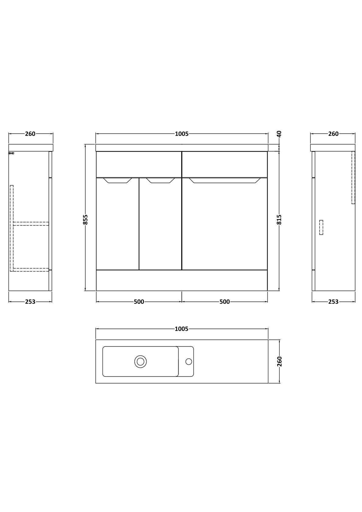 [BFFAR1401] Teddesley Contemporary Floor Standing Compact 2 Door Combination Vanity Basin WC Unit with Polymarble Basin, 1000mm, Choice of Colour - Technical Drawing