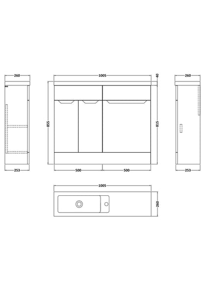 [BFFAR3201] Teddesley Contemporary Floor Standing Compact 2 Door Combination Vanity Basin WC Unit with Polymarble Basin, 1000mm, Choice of Colour - Technical Drawing