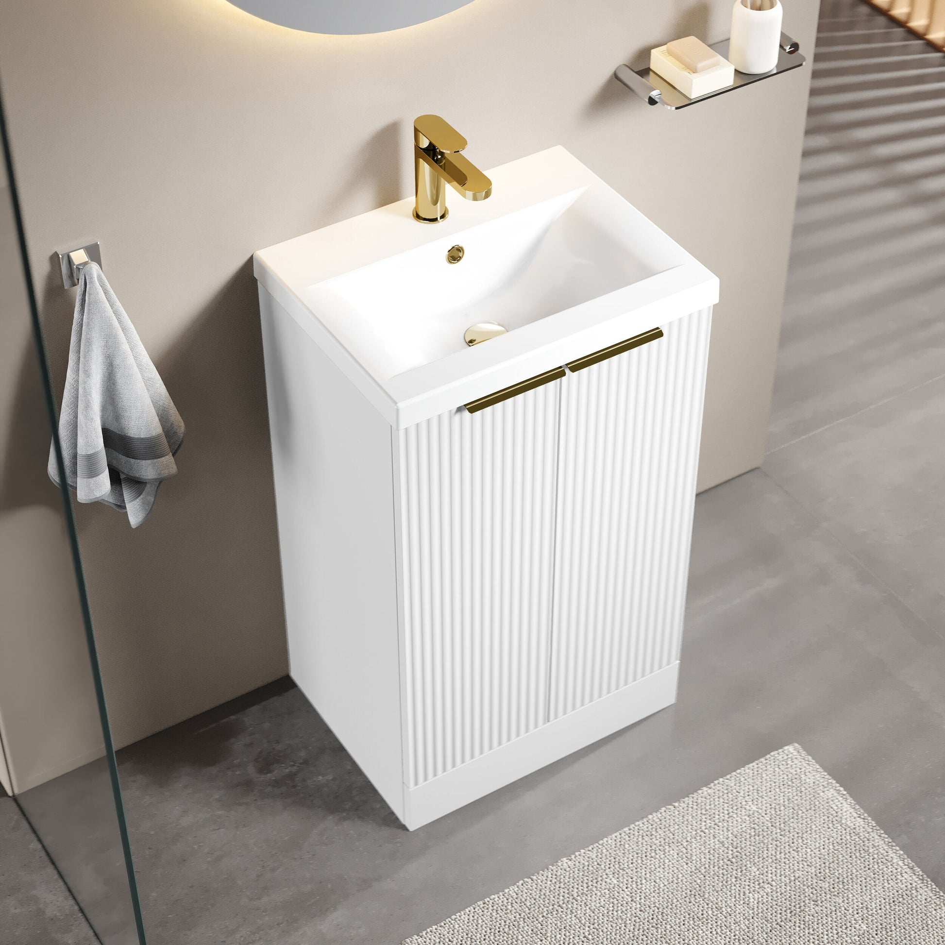 [BFFF123AH324] Tixall Fluted Front Floor Standing Vanity Basin Unit with Choice of Size, Colour and Handle Options - Lifestyle 2