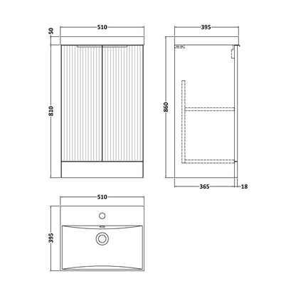 [BFFF123D] Tixall Fluted 2 Door Floor Standing Vanity Unit with Thin Edge Basin, Satin White, 500mm - Technical Drawing