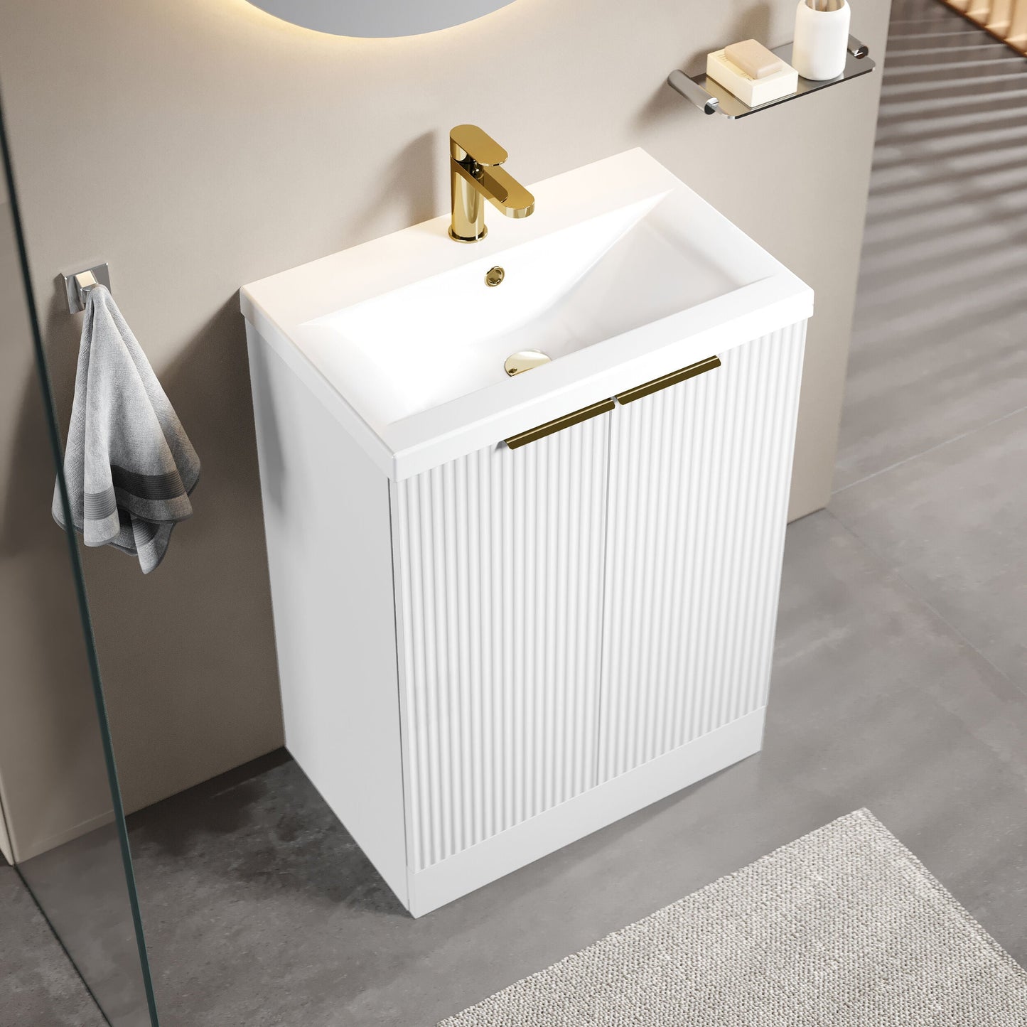 [BFFF125AH324] Tixall Fluted Front Floor Standing Vanity Basin Unit with Choice of Size, Colour and Handle Options - Lifestyle 2