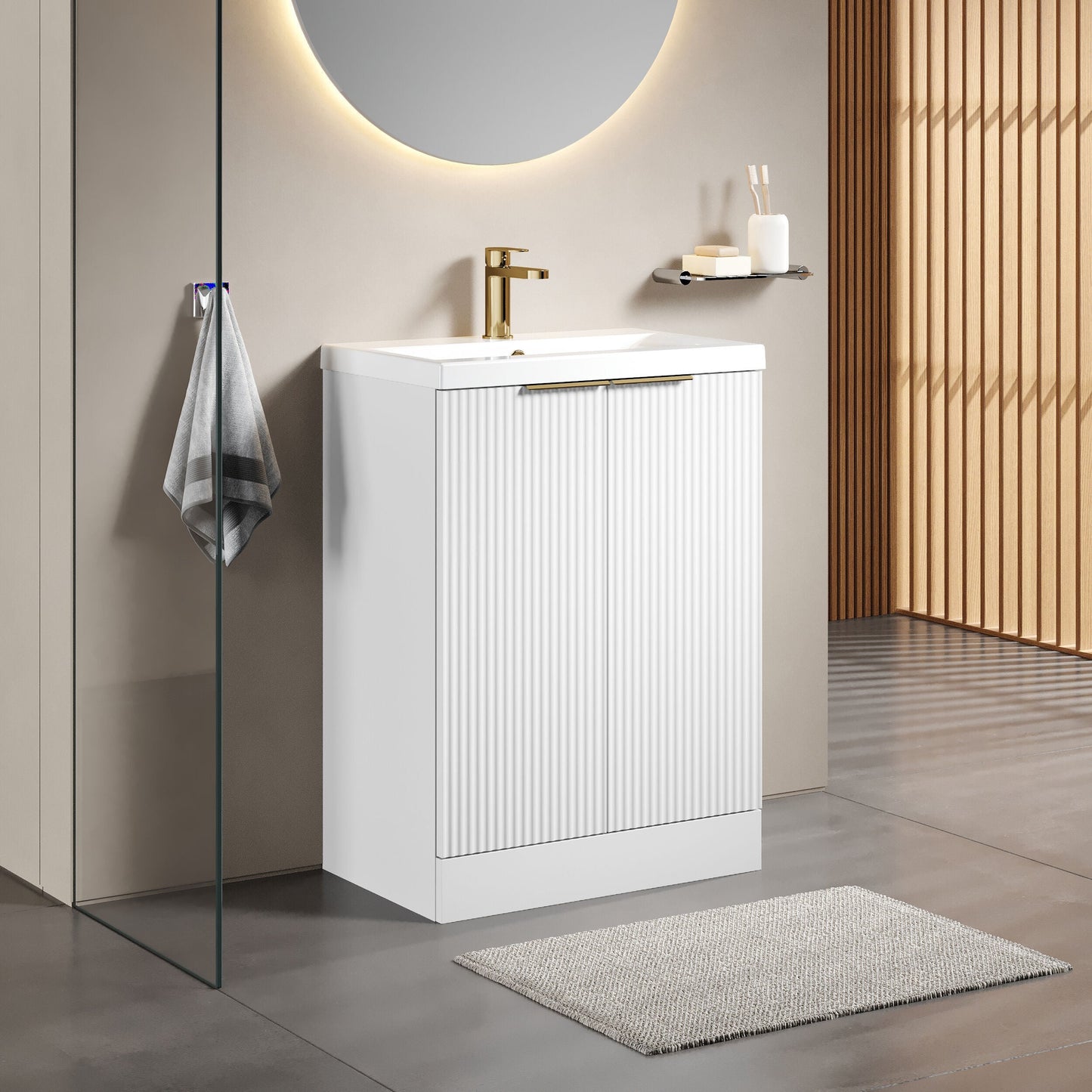[BFFF125AH324] Tixall Fluted Front Floor Standing Vanity Basin Unit with Choice of Size, Colour and Handle Options - Lifestyle 3