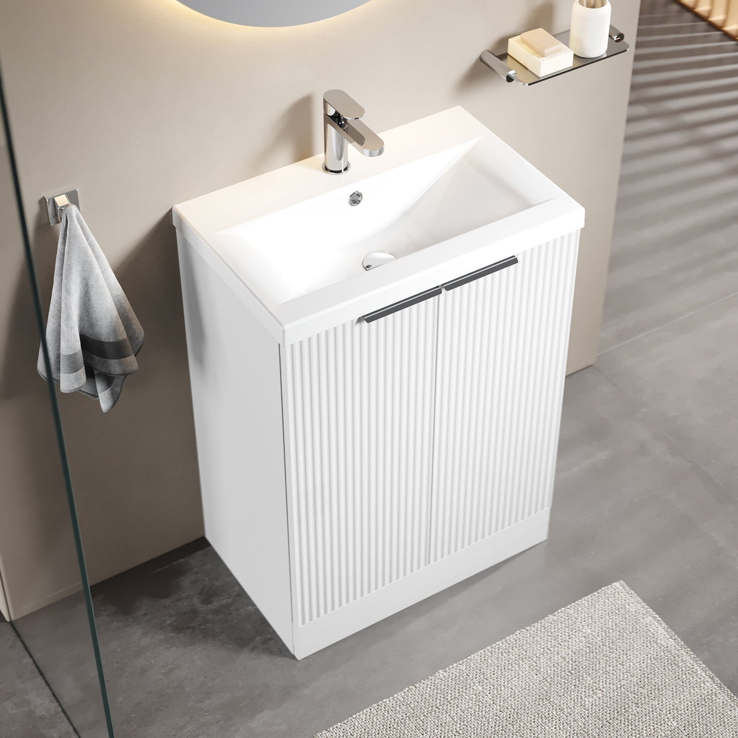 [BFFF125A] Tixall Fluted Front Floor Standing Vanity Basin Unit with Choice of Size, Colour and Handle Options - Lifestyle 2