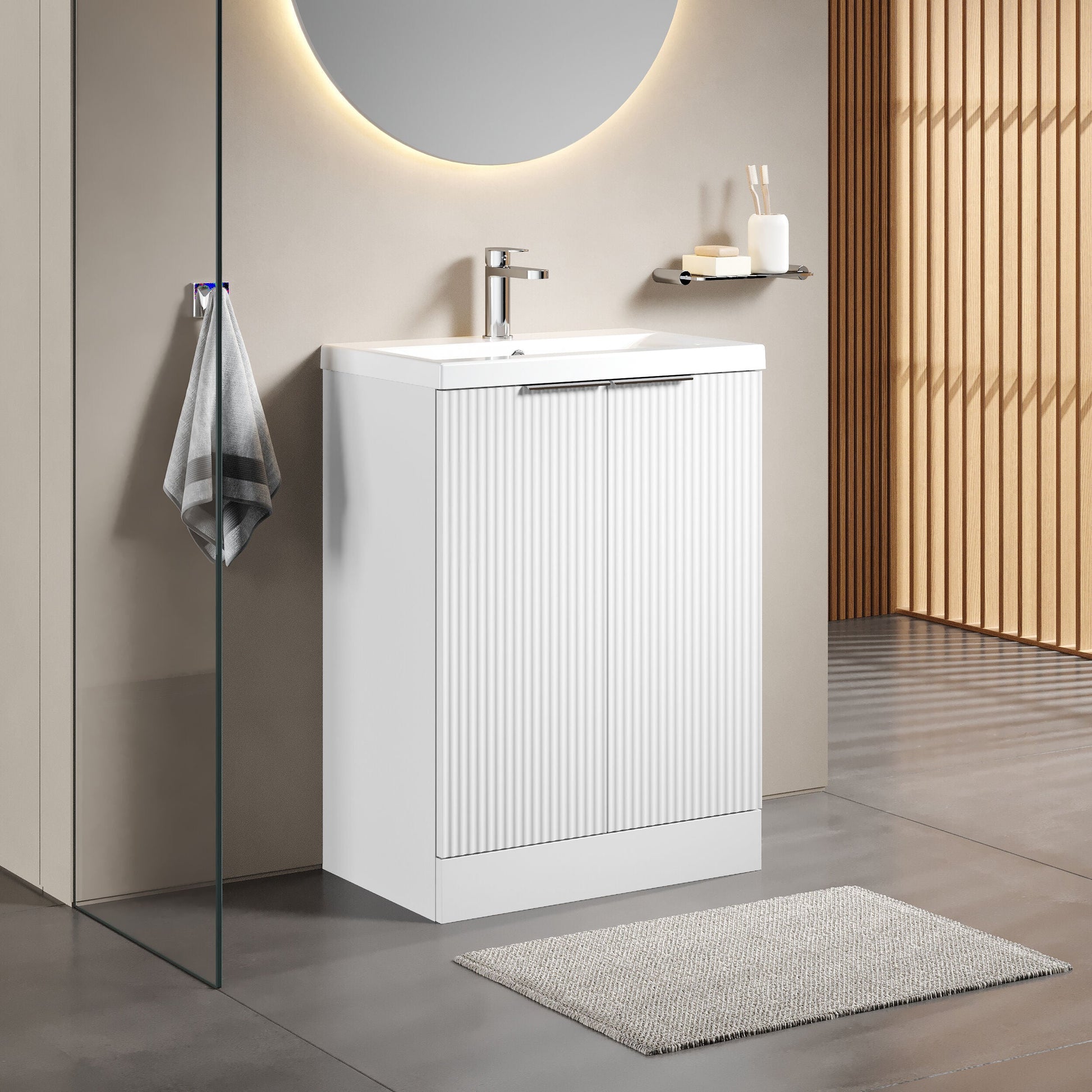 [BFFF125A] Tixall Fluted Front Floor Standing Vanity Basin Unit with Choice of Size, Colour and Handle Options - Lifestyle 3