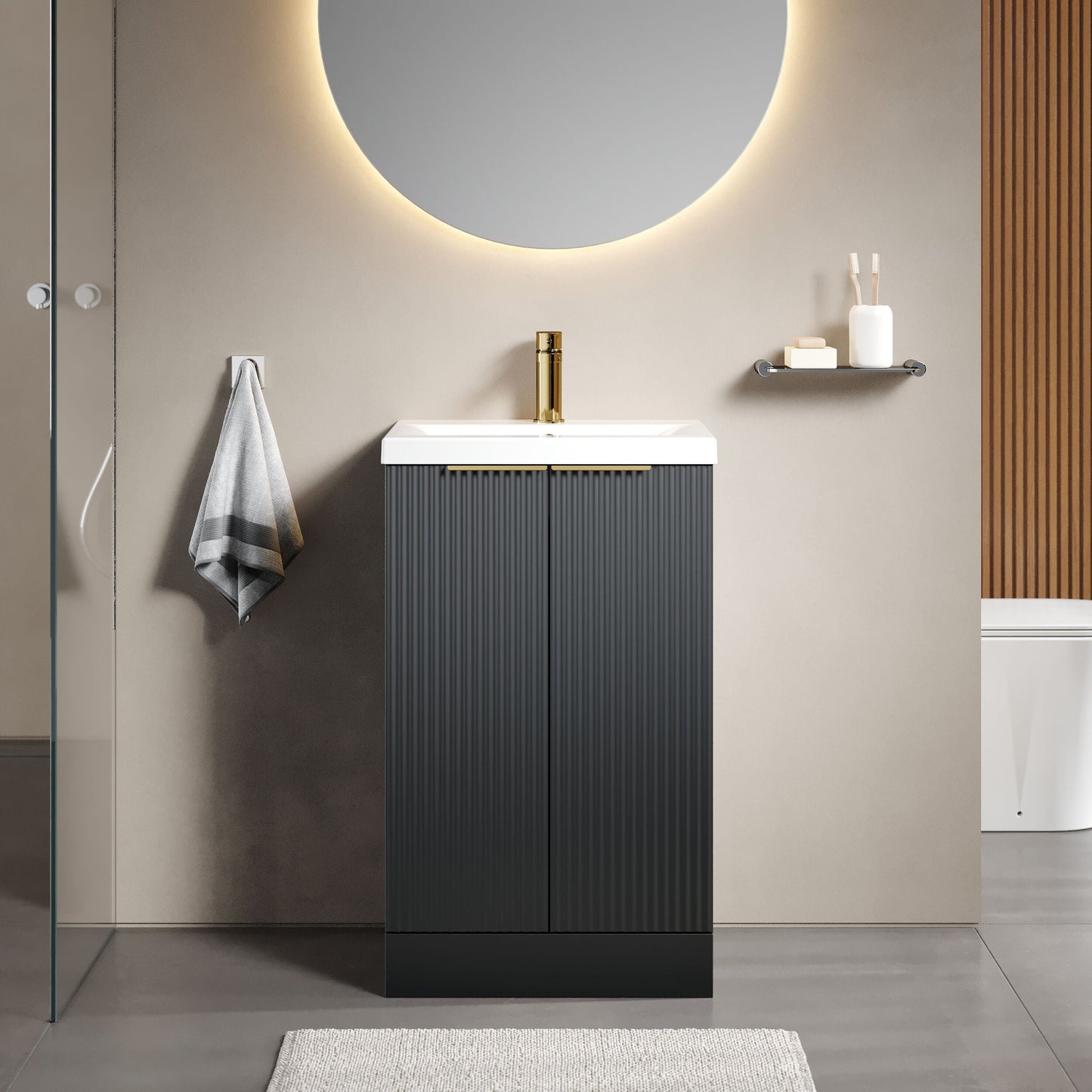 [BFFF1423AH324] Tixall Fluted Front Floor Standing Vanity Basin Unit with Choice of Size, Colour and Handle Options - Lifestyle 1