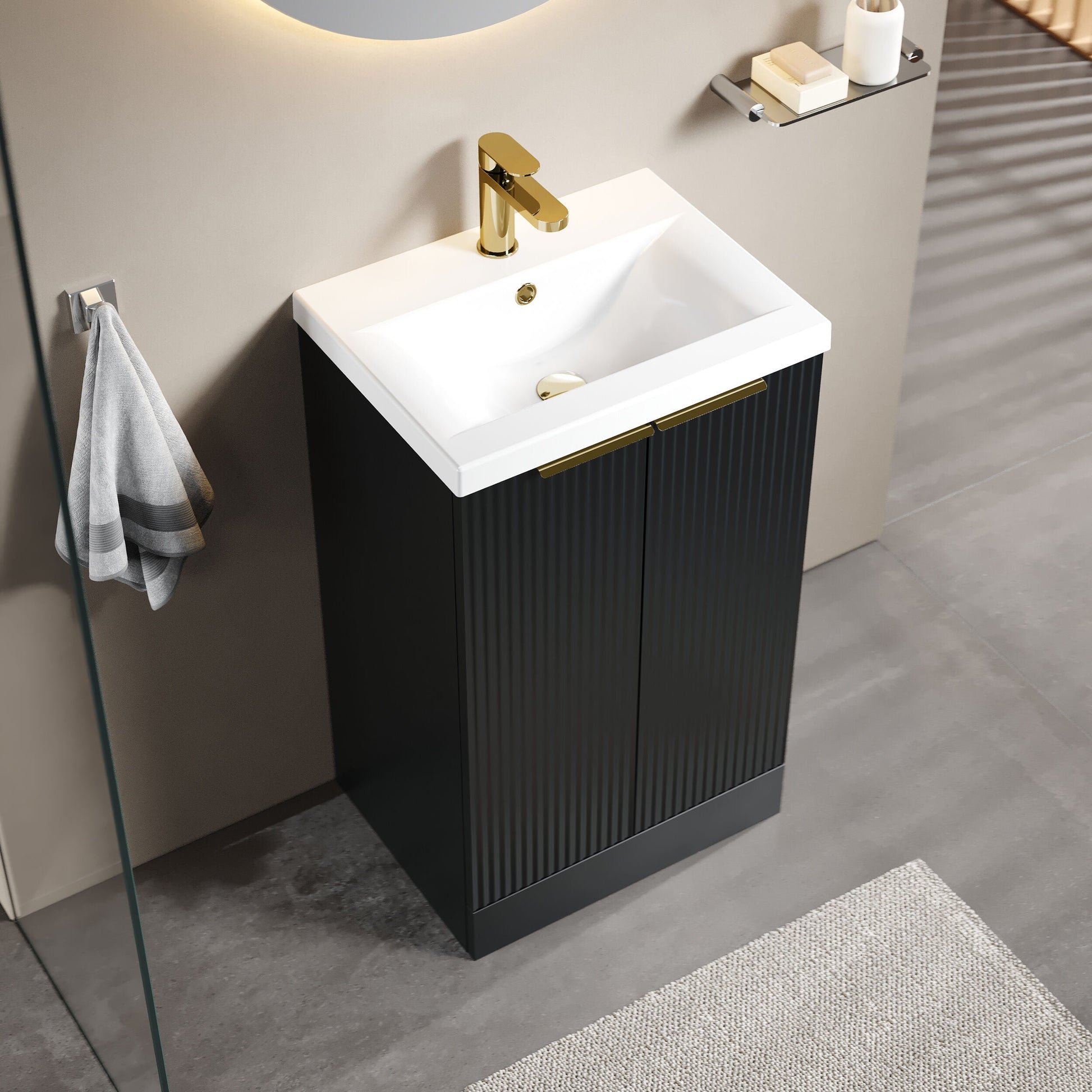 [BFFF1423AH324] Tixall Fluted Front Floor Standing Vanity Basin Unit with Choice of Size, Colour and Handle Options - Lifestyle 2
