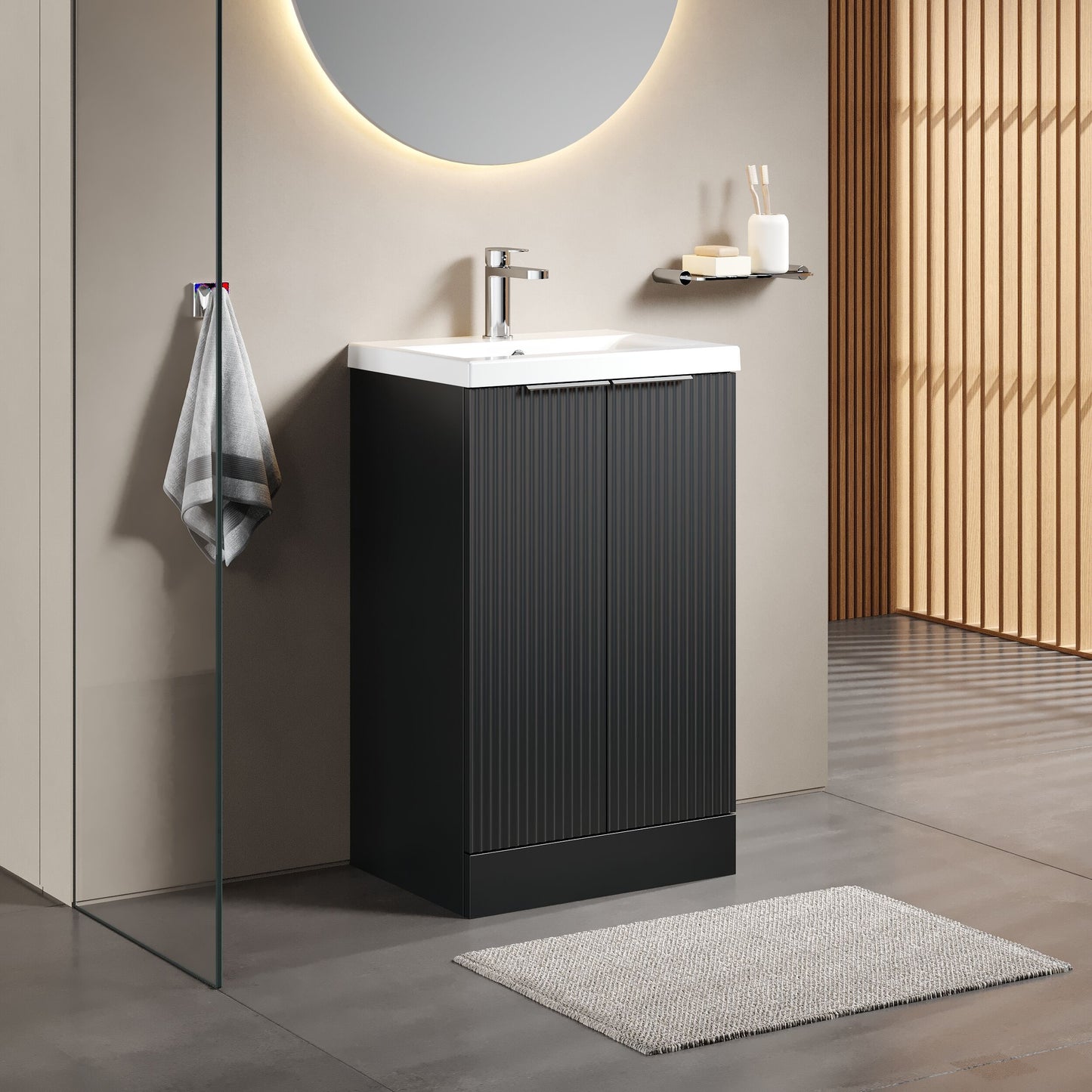 [BFFF1423A] Tixall Fluted Front Floor Standing Vanity Basin Unit with Choice of Size, Colour and Handle Options - Lifestyle 3
