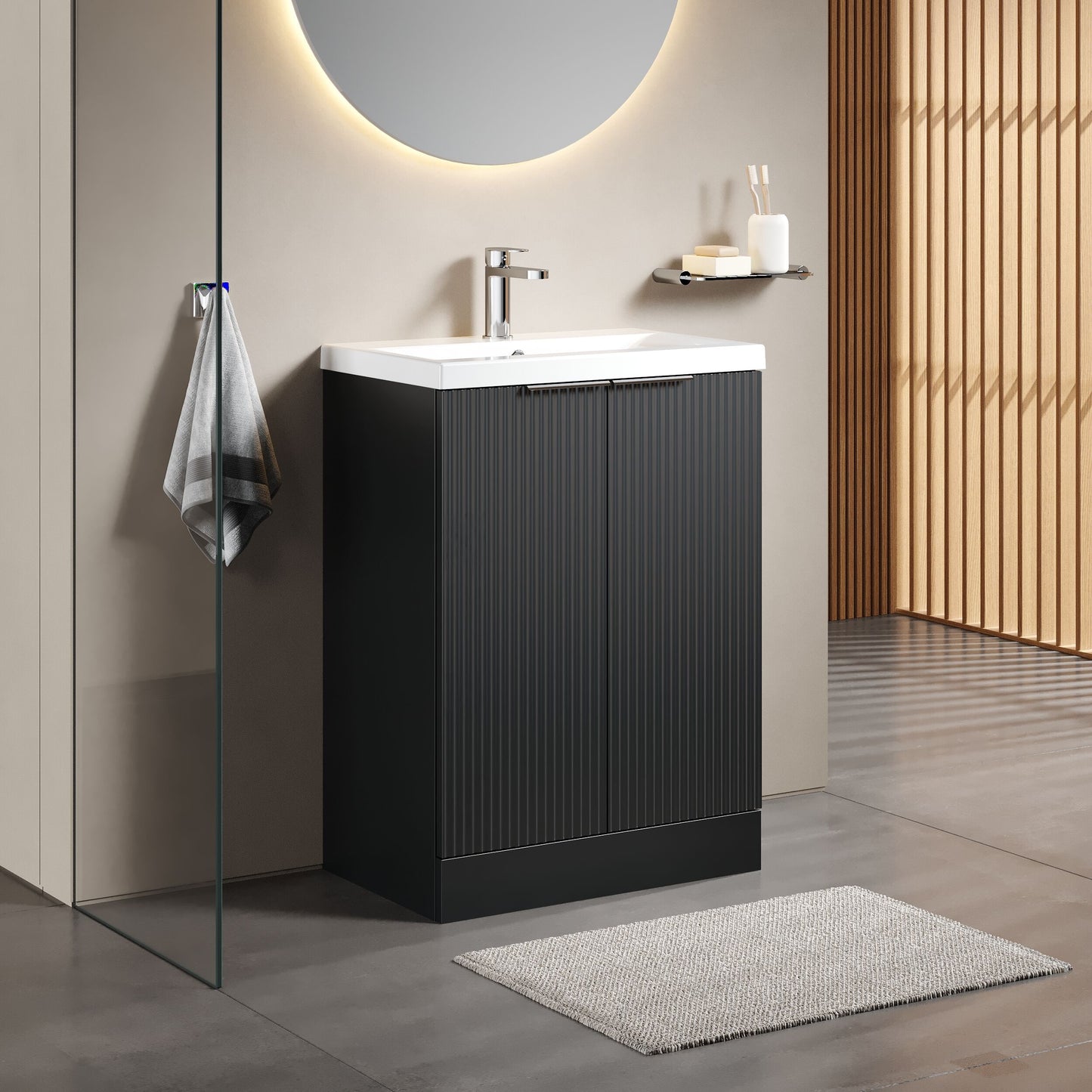 [BFFF1425A] Tixall Fluted Front Floor Standing Vanity Basin Unit with Choice of Size, Colour and Handle Options - Lifestyle 3