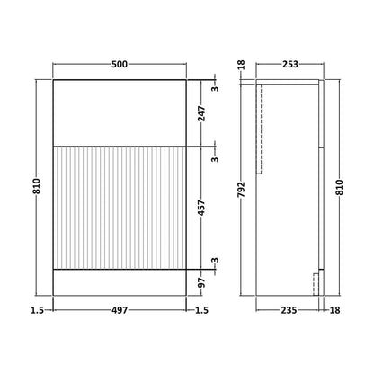 [BFFF1441] Balterley Tixall Fluted Front Floor Standing WC Unit, 500mm, Choice of Colour - Technical Drawing