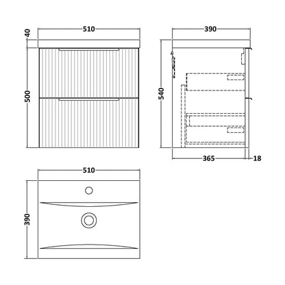 [BFFF1492A] Tixall Fluted Front Wall Hung Vanity Basin Unit with Choice of Size, Colour and Handle Options - Technical Drawing