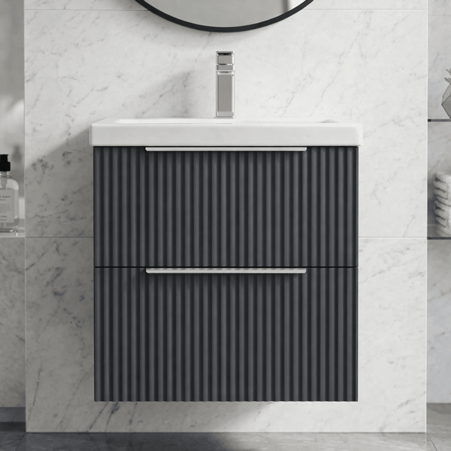 [BFFF1492A] Tixall Fluted Front Wall Hung Vanity Basin Unit with Choice of Size, Colour and Handle Options - Silo