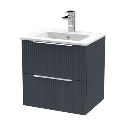 [BFFF1492B] Tixall Fluted 2 Drawer Wall Hung Vanity Unit with Minimalist Basin, Dark Grey, 500mm - Cutout