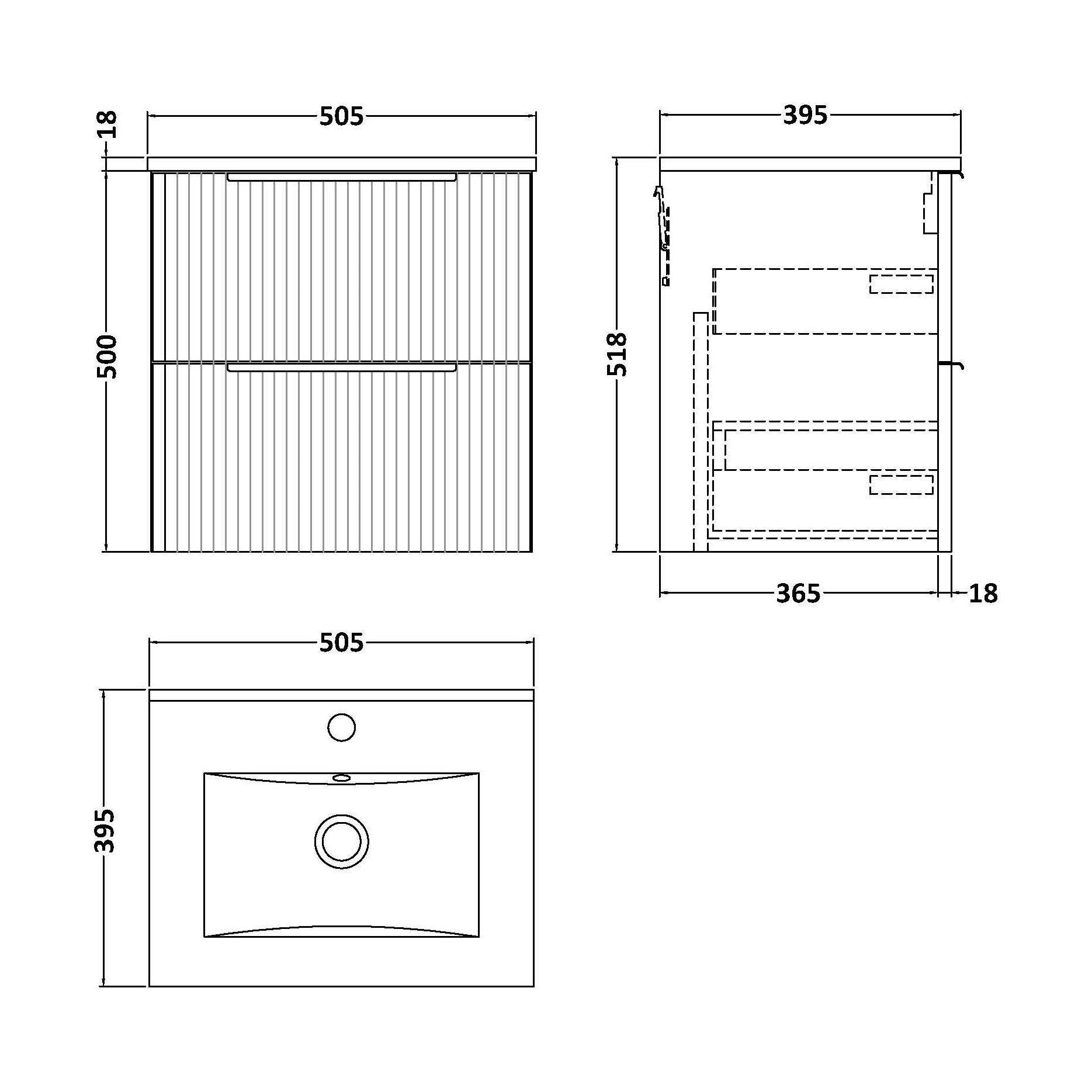 [BFFF1492B] Tixall Fluted 2 Drawer Wall Hung Vanity Unit with Minimalist Basin, Dark Grey, 500mm - Technical Drawing