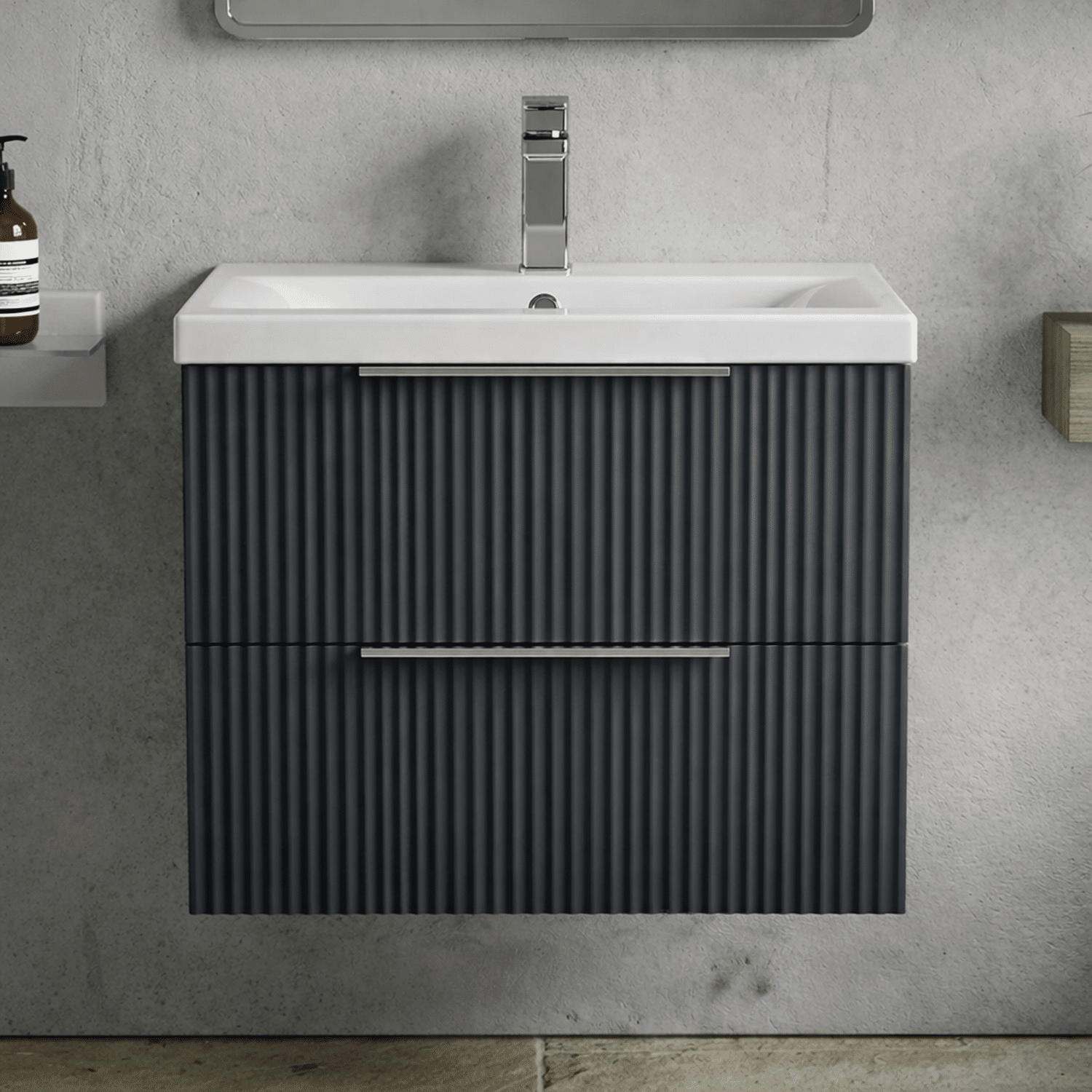 [BFFF1493A] Tixall Fluted Front Wall Hung Vanity Basin Unit with Choice of Size, Colour and Handle Options - Silo