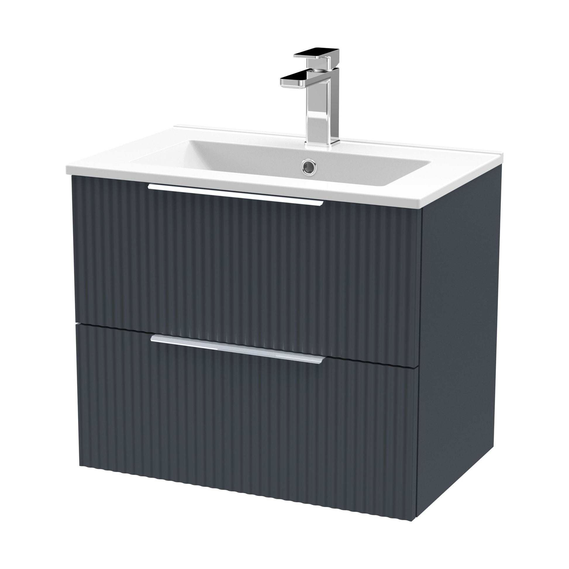 [BFFF1493B] Tixall Fluted 2 Drawer Wall Hung Vanity Unit with Minimalist Basin, Dark Grey, 600mm - Cutout