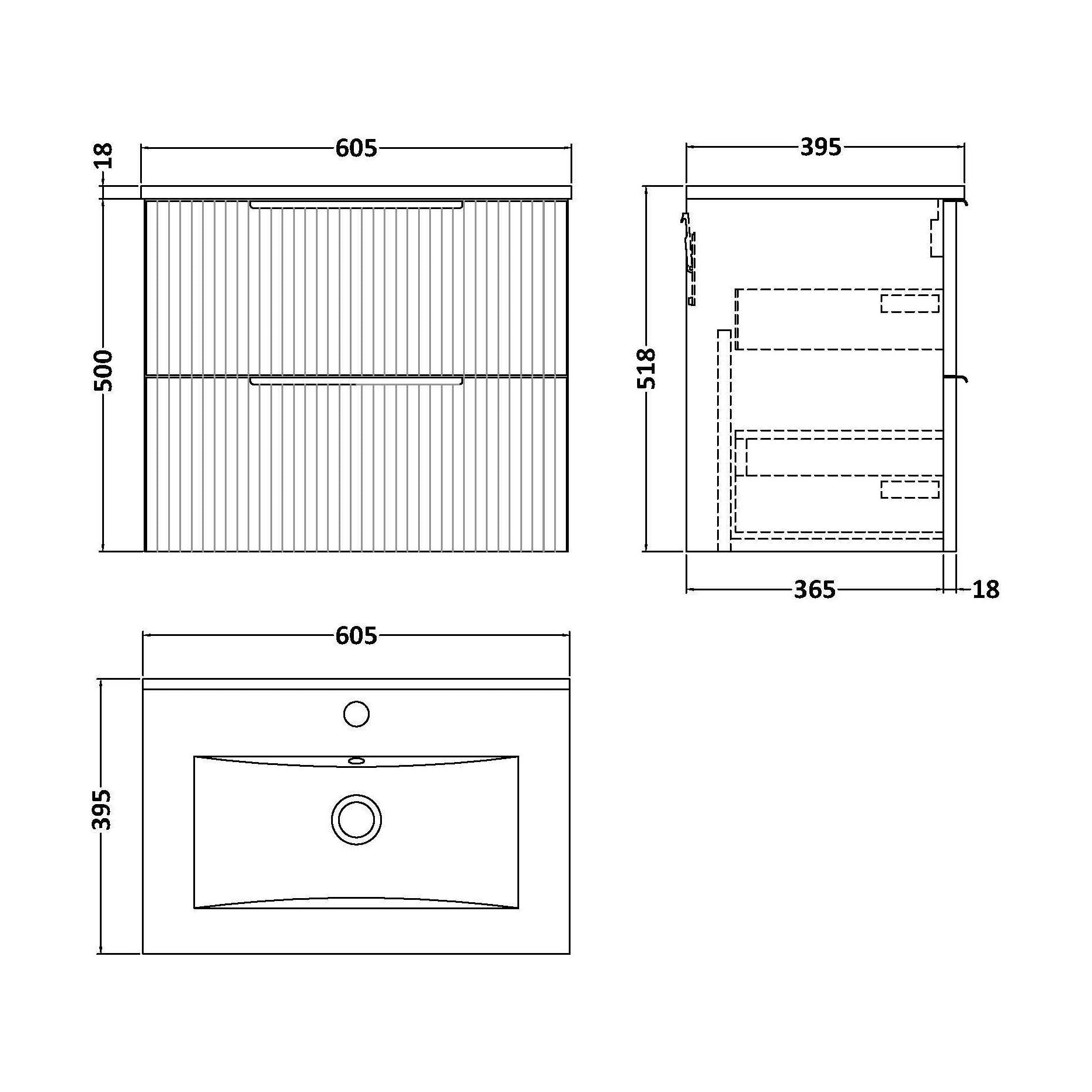 [BFFF1493B] Tixall Fluted 2 Drawer Wall Hung Vanity Unit with Minimalist Basin, Dark Grey, 600mm - Technical Drawing