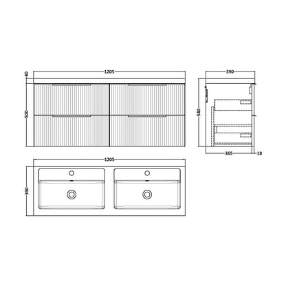 [BFFF1493C] Tixall Fluted Front Wall Hung Vanity Basin Unit with Choice of Size, Colour and Handle Options - Technical Drawing