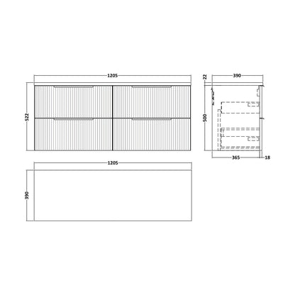 [BFFF1493LBG2] Tixall Fluted 4 Drawer Wall Hung Vanity Unit with Laminate Worktop, Dark Grey, 1200mm - Technical Drawing