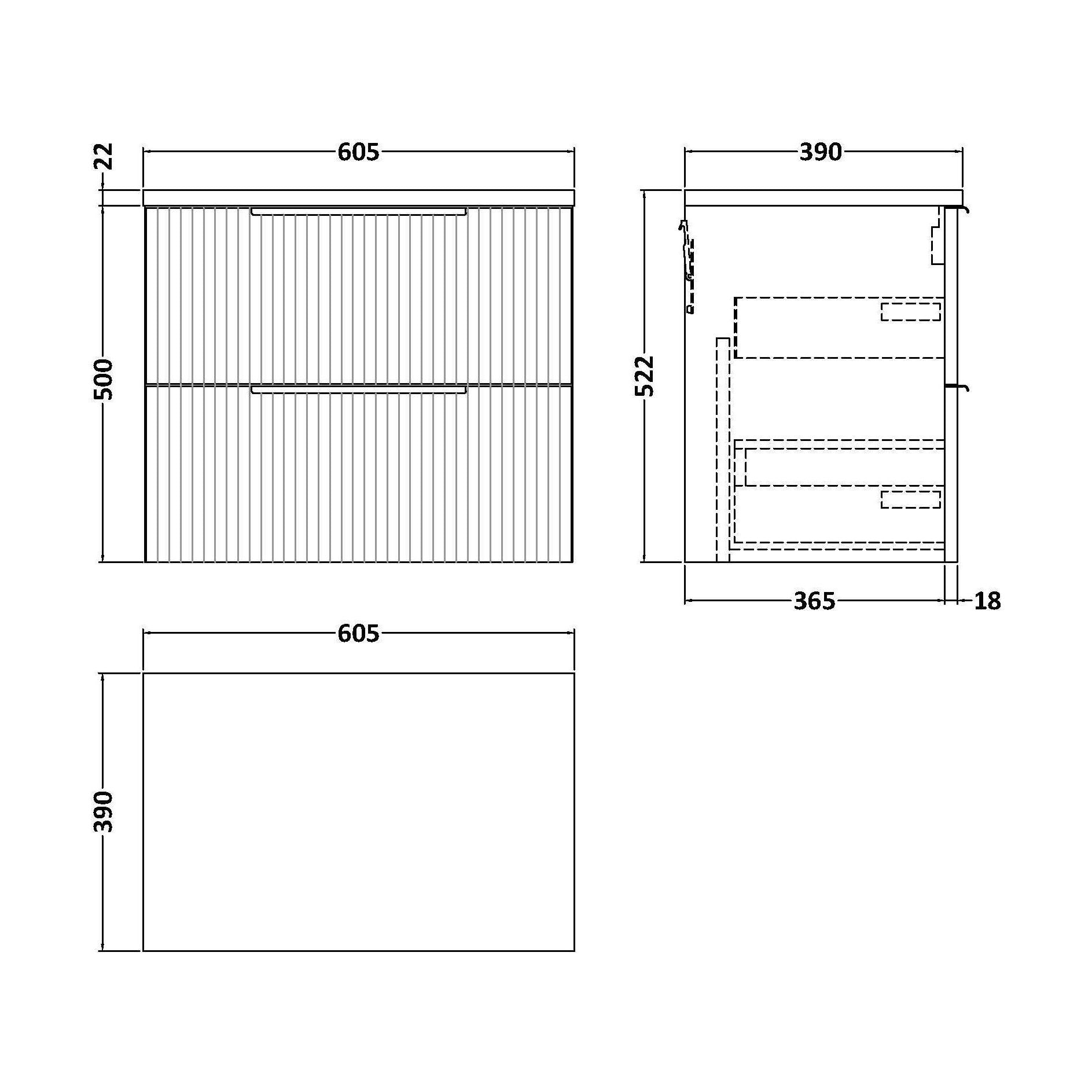 [BFFF1493LCM] Tixall Fluted 2 Drawer Wall Hung Vanity Unit with Laminate Worktop, Dark Grey, 600mm - Technical Drawing