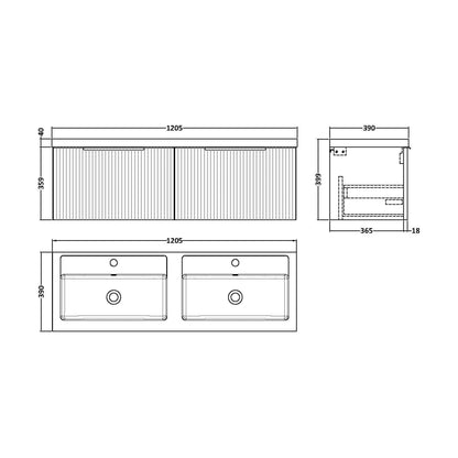 [BFFF1494C] Tixall Fluted Front Wall Hung Vanity Basin Unit with Choice of Size, Colour and Handle Options - Technical Drawing